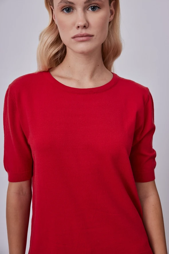 Short Sleeve Basic Knitwear - Red - 3