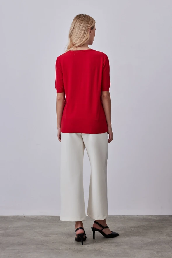 Short Sleeve Basic Knitwear - Red - 4