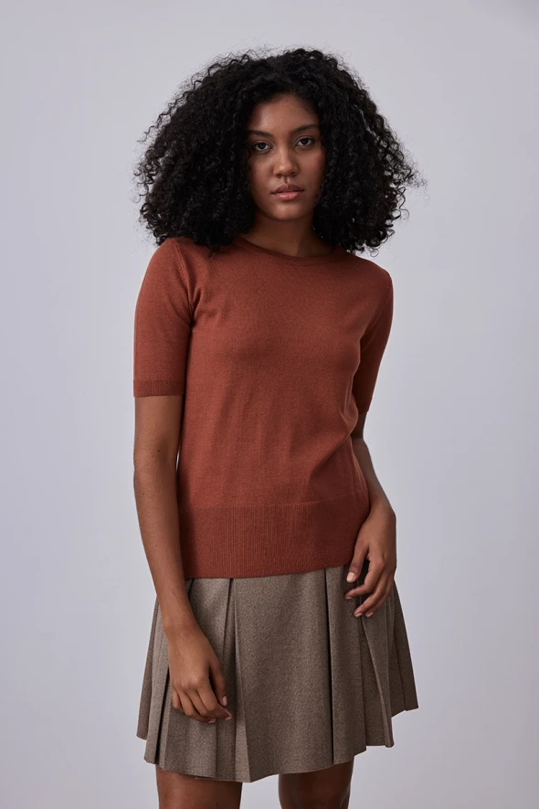 Short Sleeve Basic Knitwear - Tan - 1