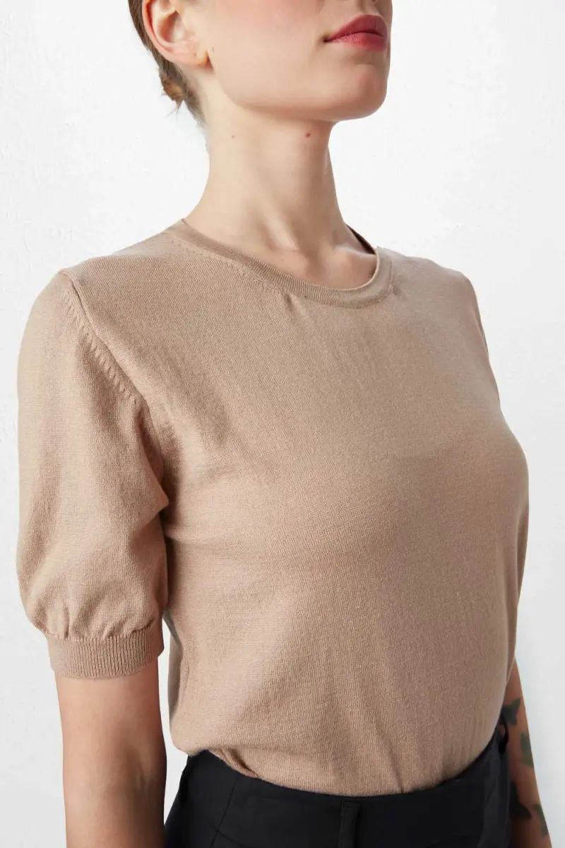 Short Sleeve Basic Sweater - Beige - 3