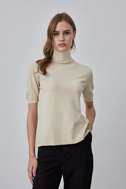 Short Sleeve Turtleneck Basic Sweater Tshirt - Ecru Ecru