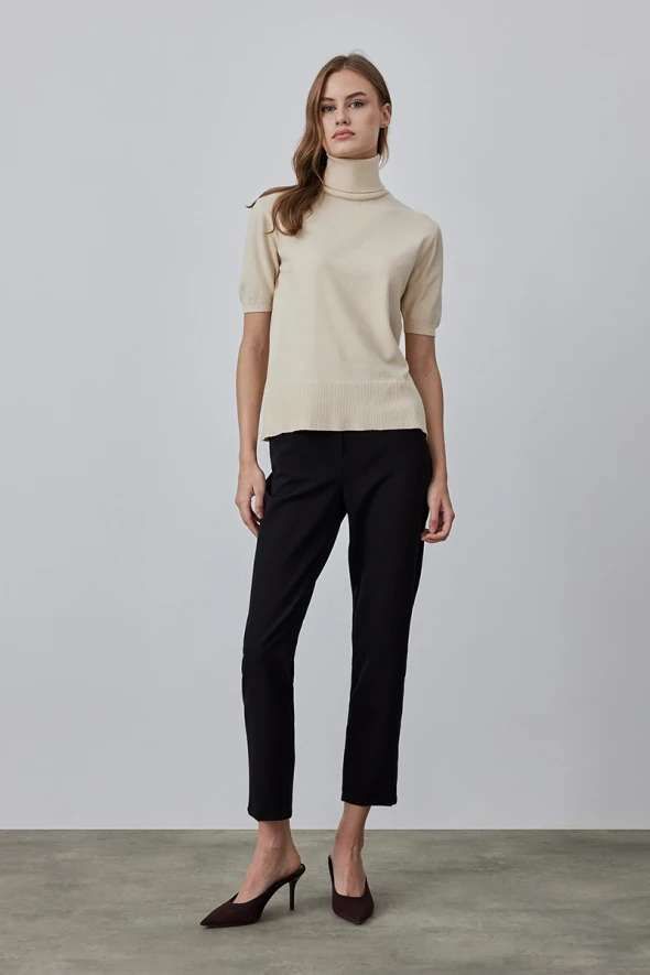 Short Sleeve Turtleneck Basic Sweater Tshirt - Ecru - 2