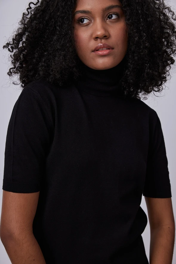 Short Sleeve Basic Sweater with Turtleneck - Black - 4