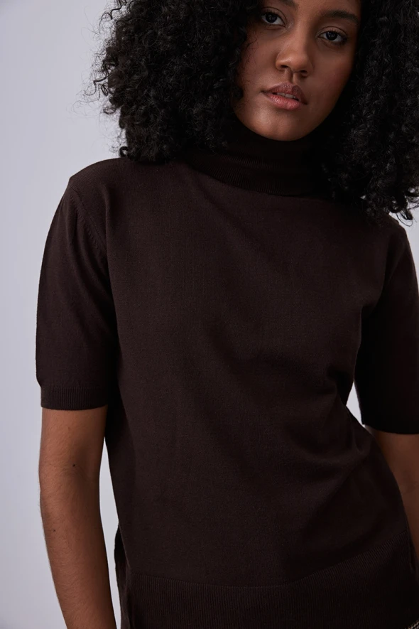 Short Sleeve Basic Sweater with Turtleneck - Brown - 3