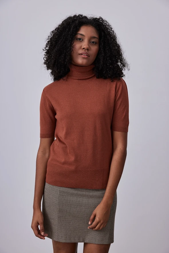 Short Sleeve Basic Sweater with Turtleneck - Tan - 1