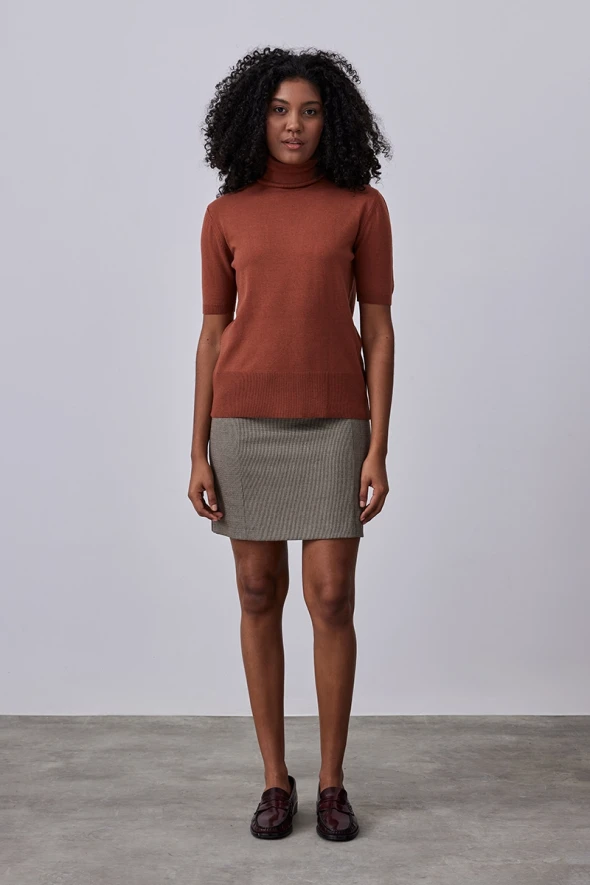 Short Sleeve Basic Sweater with Turtleneck - Tan - 2