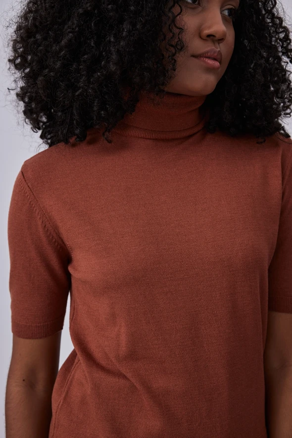 Short Sleeve Basic Sweater with Turtleneck - Tan - 3