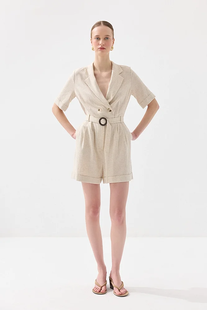 Short Sleeve Belted Viscose Linen Jumpsuit - Beige Beige