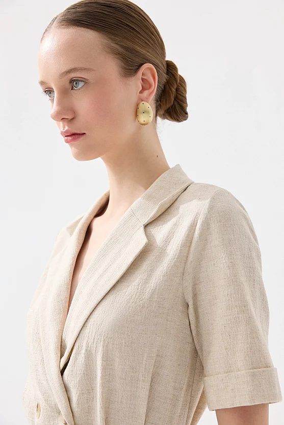 Short Sleeve Belted Viscose Linen Jumpsuit - Beige - 2