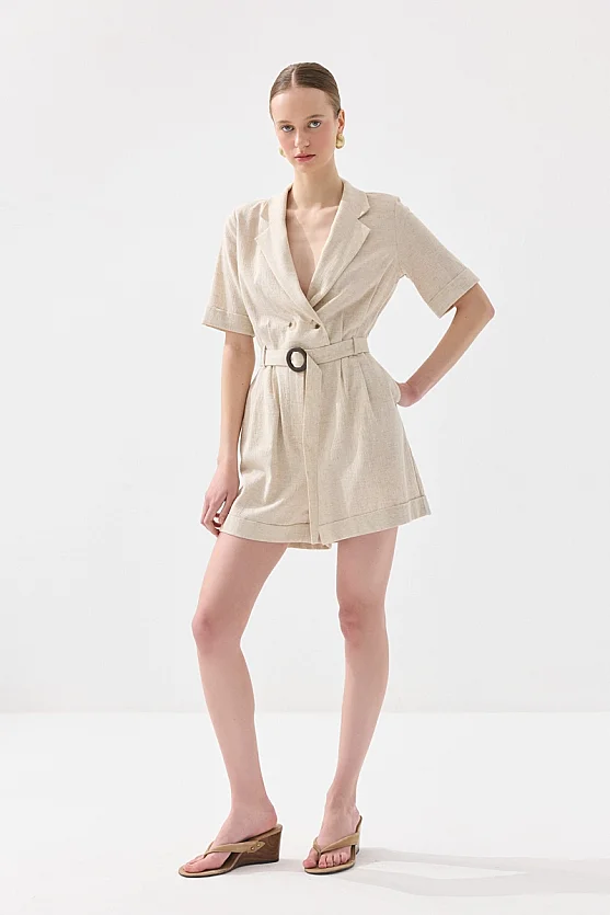 Short Sleeve Belted Viscose Linen Jumpsuit - Beige - 3