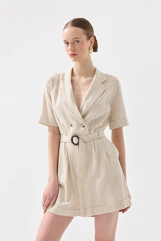 Short Sleeve Belted Viscose Linen Jumpsuit - Beige - 4