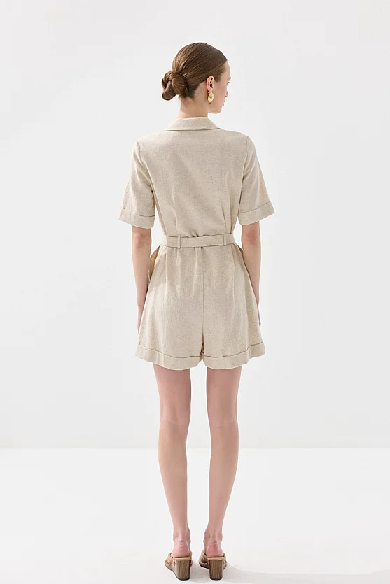 Short Sleeve Belted Viscose Linen Jumpsuit - Beige - 10