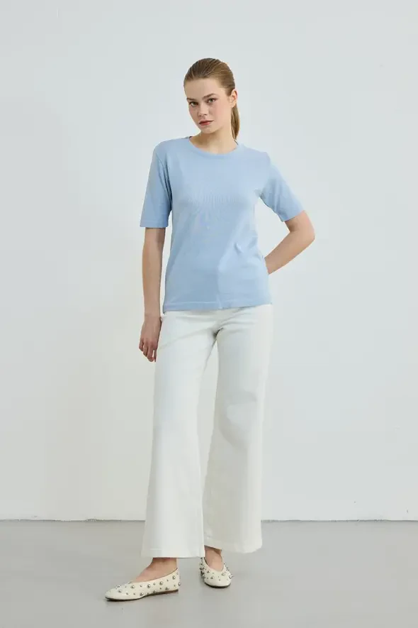 Short Sleeve Crew Neck Knit Blouse - Blue - 2