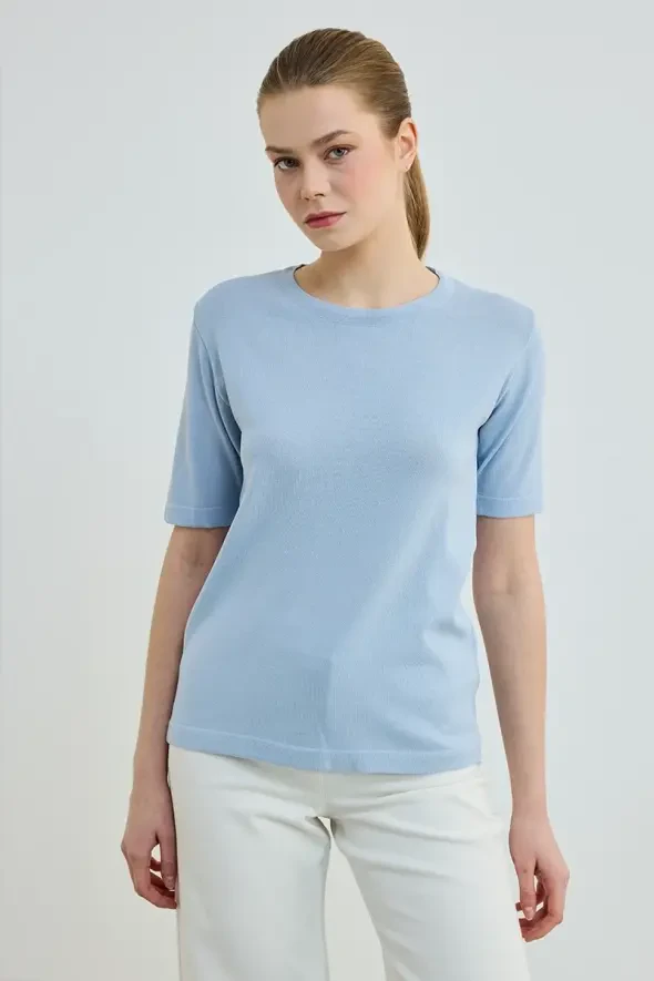 Short Sleeve Crew Neck Knit Blouse - Blue - 1