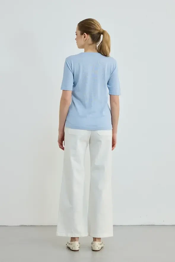 Short Sleeve Crew Neck Knit Blouse - Blue - 5