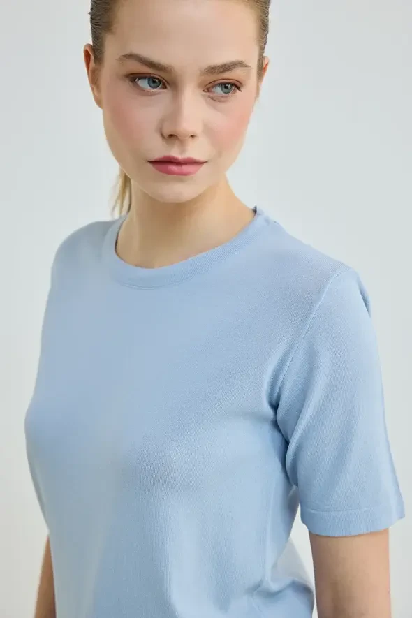 Short Sleeve Crew Neck Knit Blouse - Blue - 3