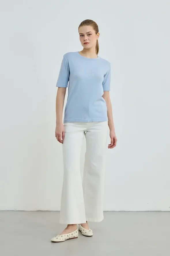 Short Sleeve Crew Neck Knit Blouse - Blue - 4