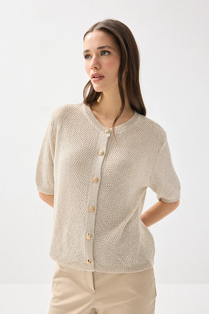 Short Sleeve Braided Linen Knit Top - Stone Stone