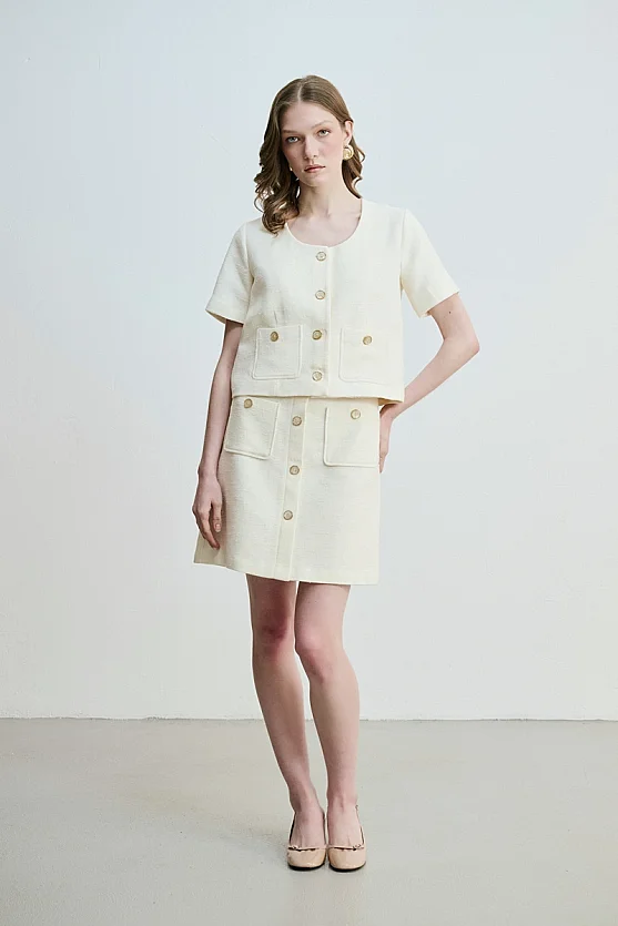 Short Sleeve Cotton Tweed Jacket - Ecru - 2