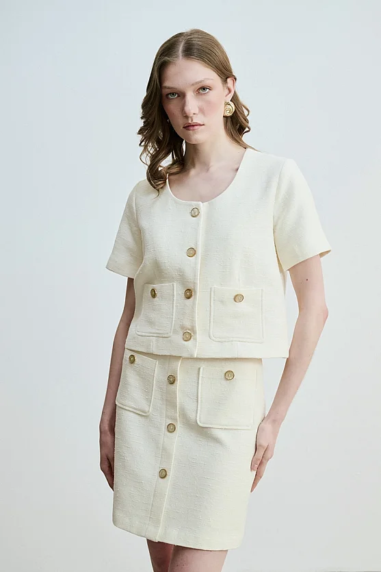 Short Sleeve Cotton Tweed Jacket - Ecru - 3