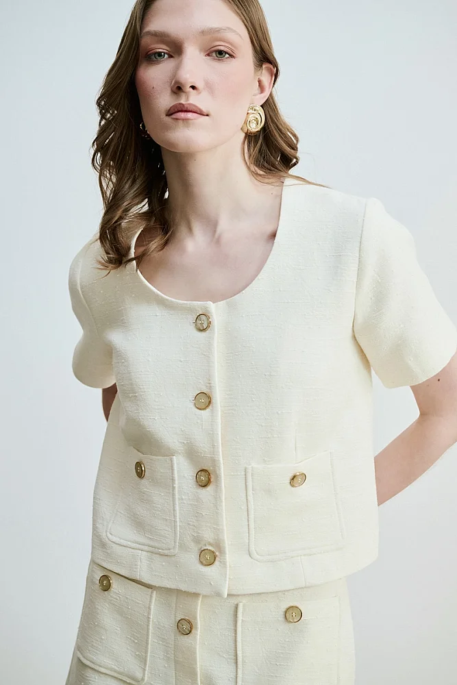 Short Sleeve Cotton Tweed Jacket - Ecru Ecru