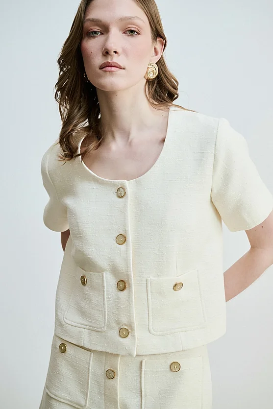 Short Sleeve Cotton Tweed Jacket - Ecru - 1