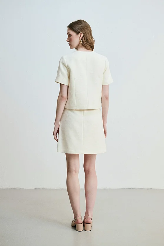 Short Sleeve Cotton Tweed Jacket - Ecru - 4