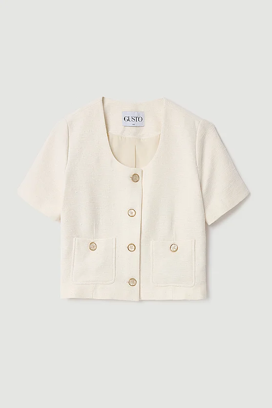 Short Sleeve Cotton Tweed Jacket - Ecru - 5