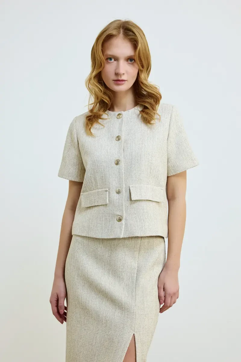Short Sleeve Cotton Tweed Jacket - Ecru