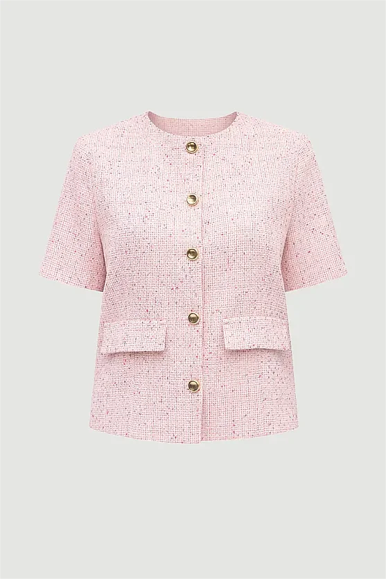Short-Sleeve Cotton Tweed Jacket - Pink - Gusto