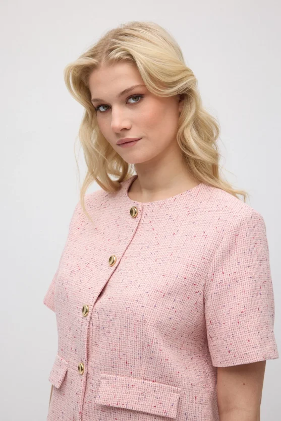 Short-Sleeve Cotton Tweed Jacket - Pink - 3
