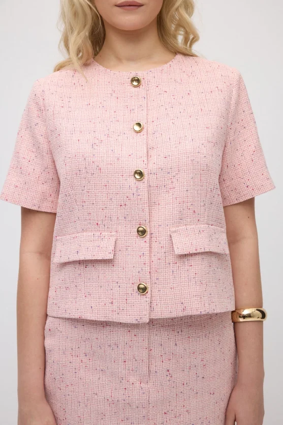 Short-Sleeve Cotton Tweed Jacket - Pink - 4