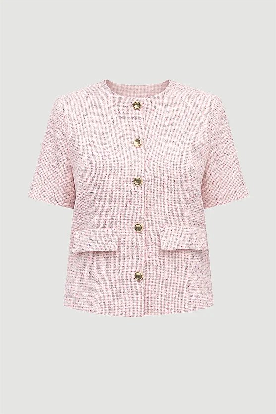 Short-Sleeve Cotton Tweed Jacket - Pink - Gusto