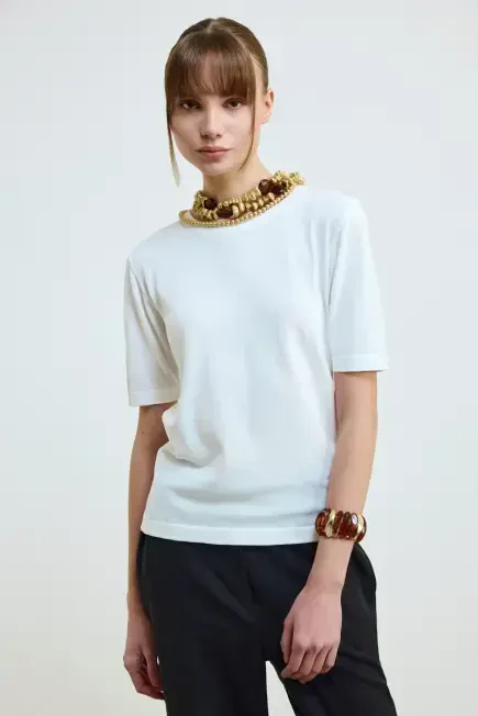 Short Sleeve Crew Neck Knit Blouse - Ecru Ecru