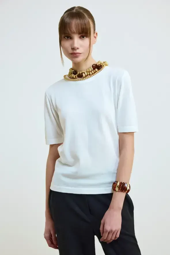 Short Sleeve Crew Neck Knit Blouse - Ecru - 1