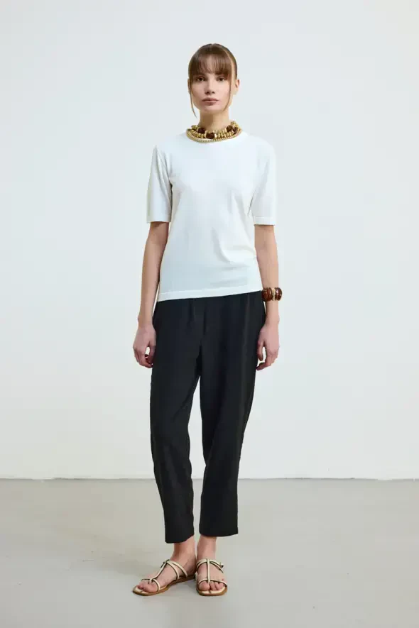 Short Sleeve Crew Neck Knit Blouse - Ecru - 2