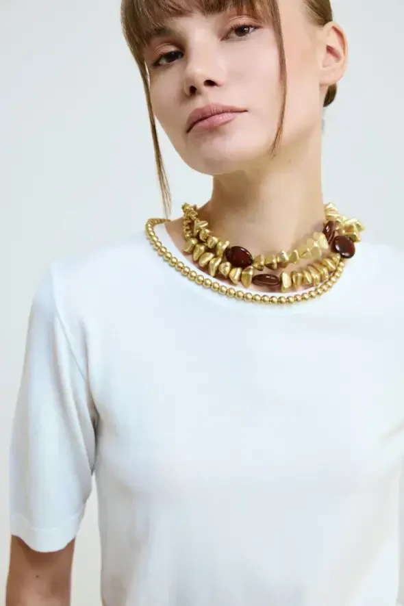 Short Sleeve Crew Neck Knit Blouse - Ecru - 3