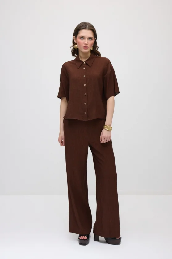 Short-Sleeve Crinkle Blouse - Brown - 2