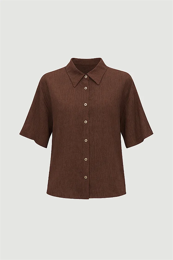 Short-Sleeve Crinkle Blouse - Brown - Gusto