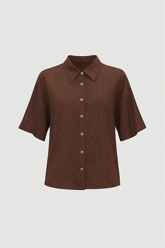 Short-Sleeve Crinkle Blouse - Brown - Gusto