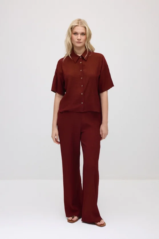 Short-Sleeve Crinkle Blouse - Burgundy - 2