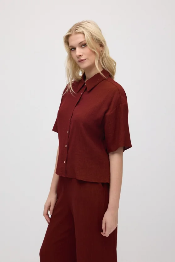 Short-Sleeve Crinkle Blouse - Burgundy - 1