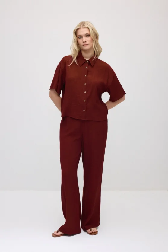 Short-Sleeve Crinkle Blouse - Burgundy - 3