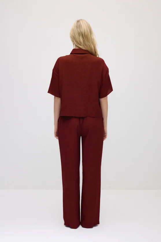 Short-Sleeve Crinkle Blouse - Burgundy - Gusto