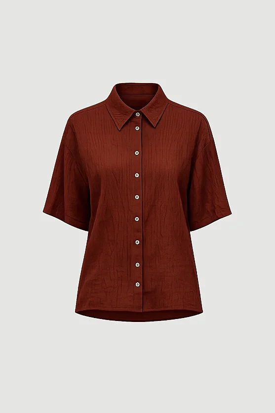 Short-Sleeve Crinkle Blouse - Burgundy - 5