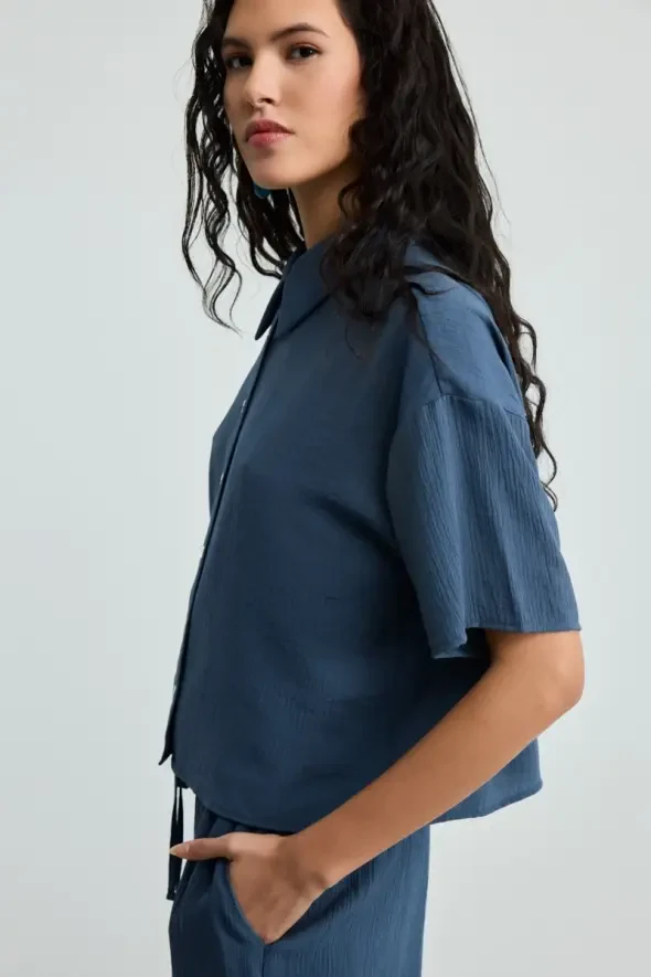 Short-Sleeve Crinkle Shirt - Navy Blue - 2