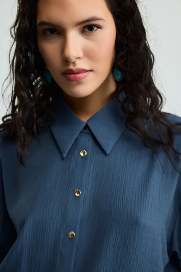 Short-Sleeve Crinkle Shirt - Navy Blue - 3