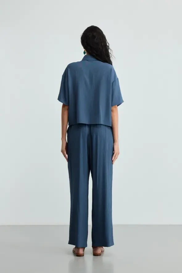 Short-Sleeve Crinkle Shirt - Navy Blue - 5