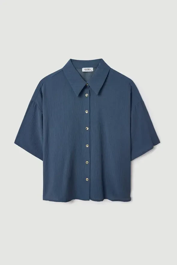 Short-Sleeve Crinkle Shirt - Navy Blue - 6