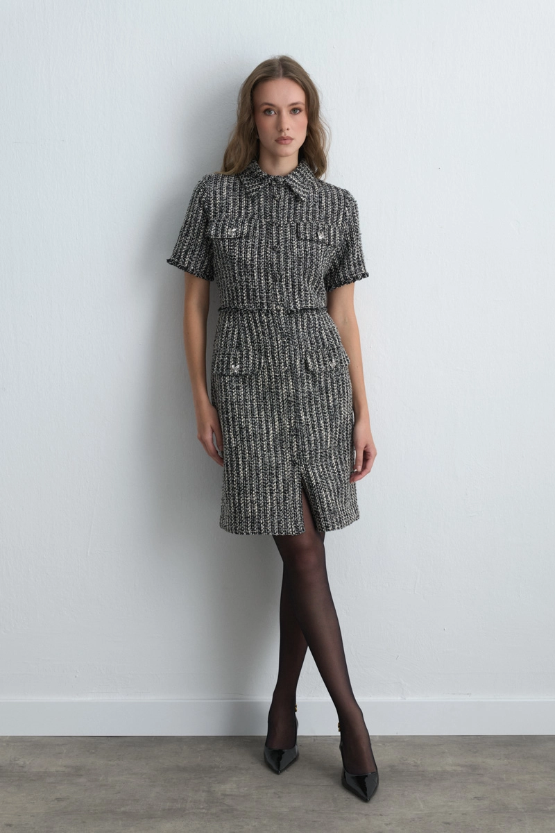 Short Sleeve Fitted Tweed Dress - Black - Gusto